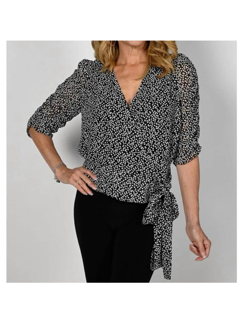 Frank Lyman Size 2 Polka Dot Side Tie Wrap Top Blouse Black White